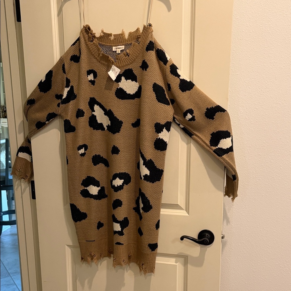 eesome Camel Leopard-Print Off-Shoulder Tunic Sweater